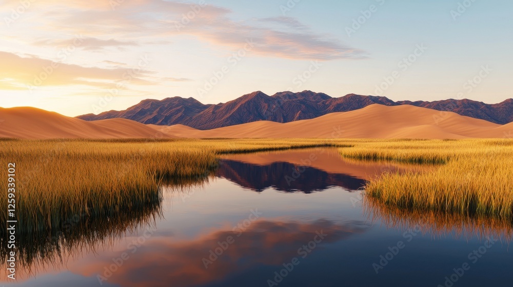 Tranquil Sunset Over Desert Oasis with Reflections and Mountains Tranquil Sunset Over Desert Oasis with Reflections and Mountains