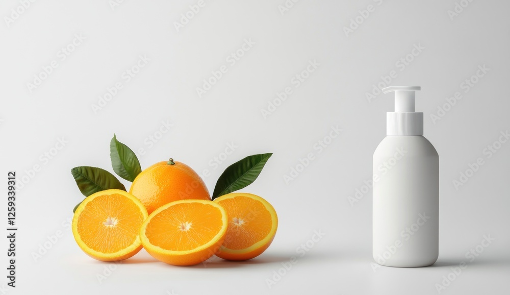 Orange Scented Lotion Bottle Mockup with Fresh Oranges and Green Leaves on a White Background