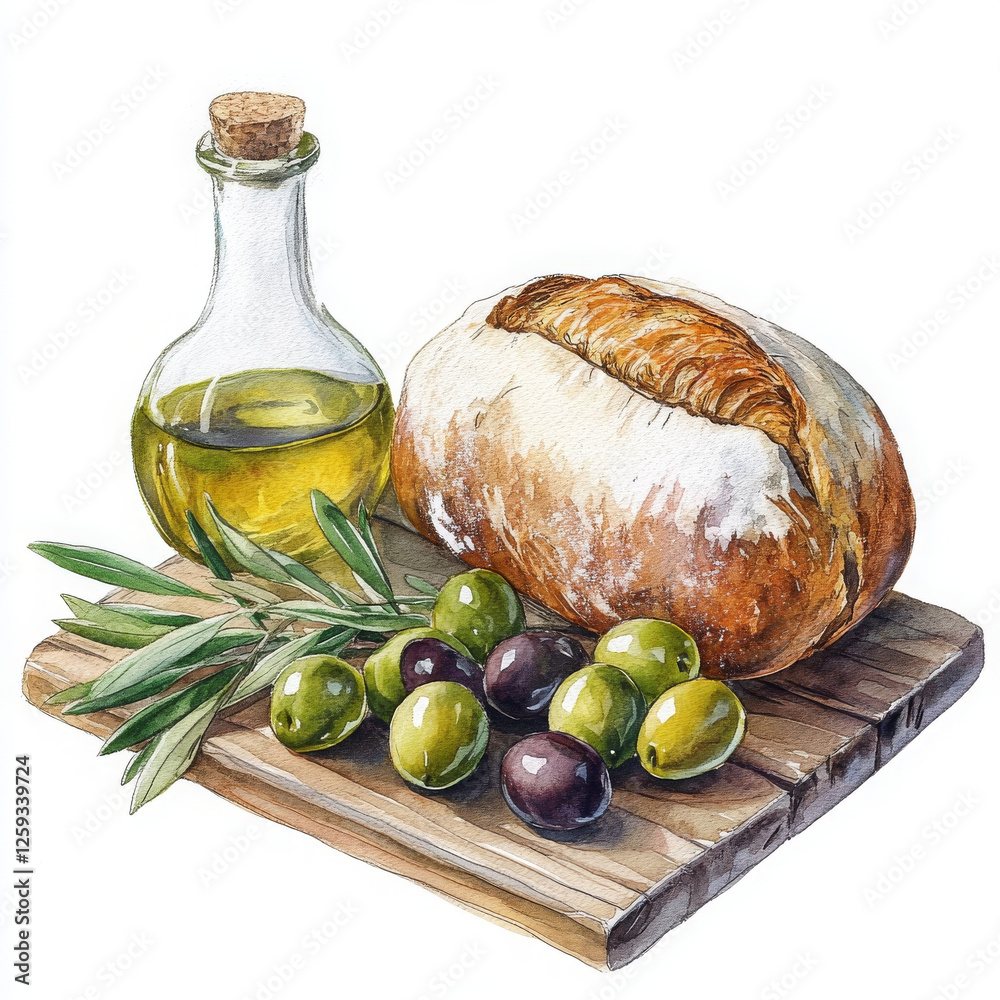 Olive oil and bread displayed, hearty delight in realistic boho style Olive oil and bread displayed, hearty delight in realistic boho style