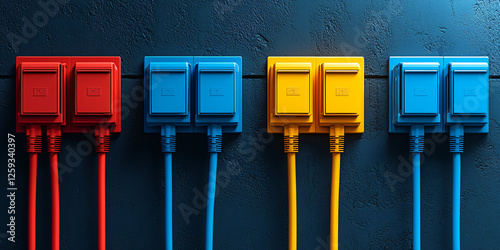 Color-coded cable wires intertwined and connected to bright junction boxes.