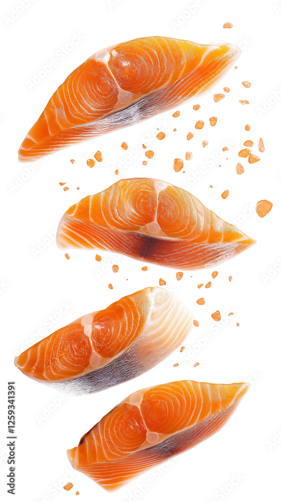 Fototapeta premium flying fresh salmon fish isolated on transparent white background, clipping path