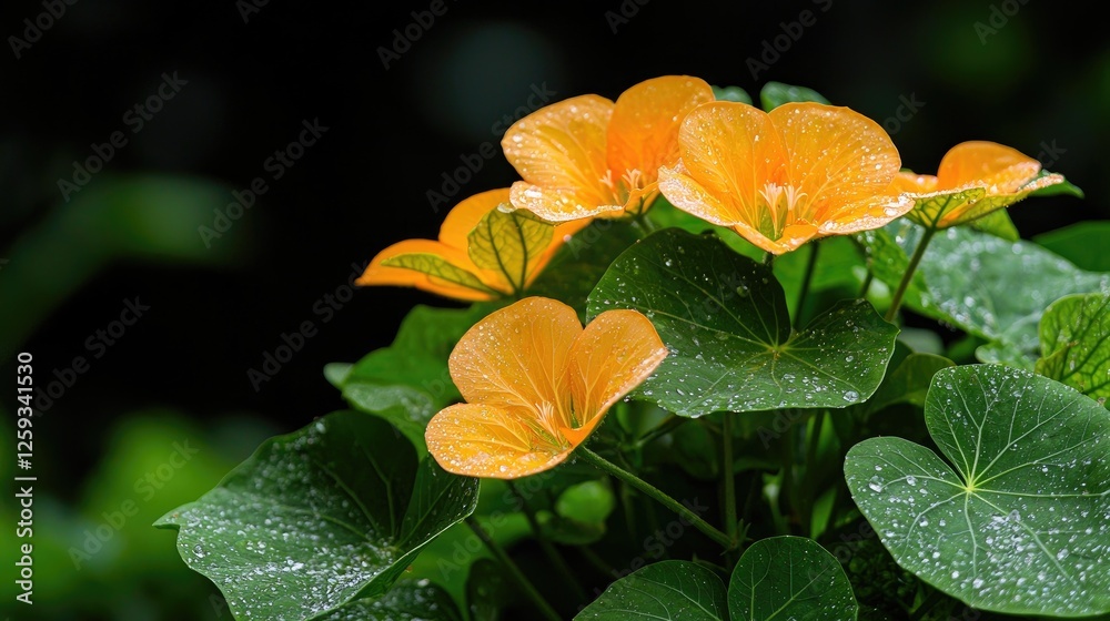 Orange nasturtiums, dew drops, garden, dark background, nature photography Orange nasturtiums, dew drops, garden, dark background, nature photography