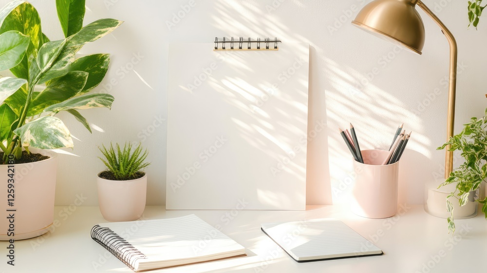Fototapeta premium A bright home workspace with a whiteboard, desk lamp, and an open notebook for planning. Copy space.