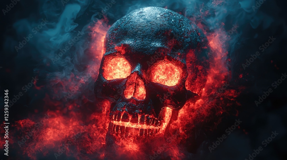 Glowing skull surrounded by fiery smoke, creating a mystical and eerie atmosphere Glowing skull surrounded by fiery smoke, creating a mystical and eerie atmosphere