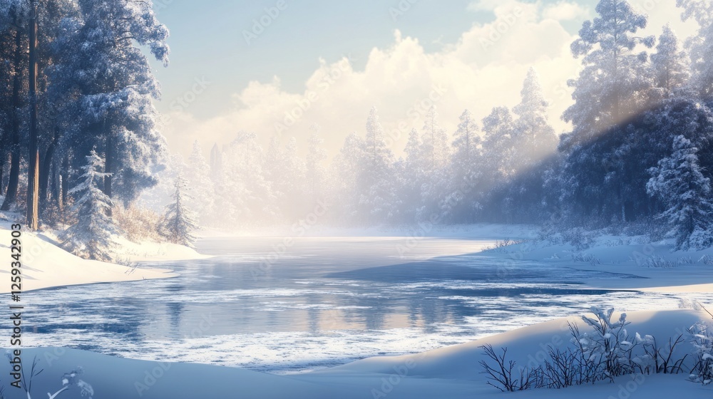 A serene winter landscape with a frozen river winding through a snow-covered forest, bathed in the soft glow of the morning sun. A serene winter landscape with a frozen river winding through a snow-covered forest, bathed in the soft glow of the morning sun.