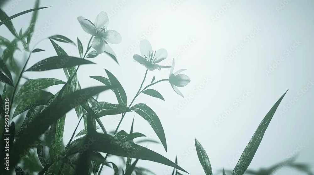 Delicate white flowers emerging through misty foliage in a serene, tranquil environment Delicate white flowers emerging through misty foliage in a serene, tranquil environment