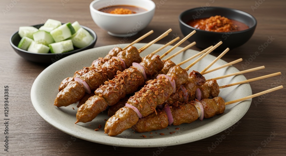 Delectable meat skewers presented with crisp cucumbers and flavorful dips Delectable meat skewers presented with crisp cucumbers and flavorful dips