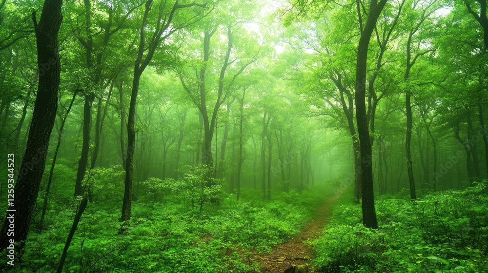Naklejka premium Lush Green Forest Path Enveloped in Mist