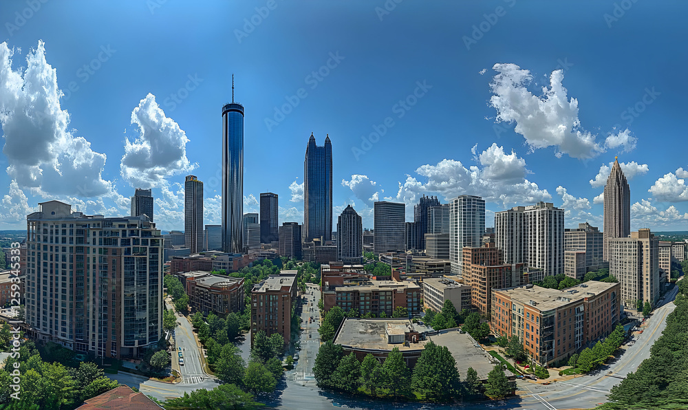 Obraz premium Panoramic view of Atlanta, Georgia skyline on a sunny day with fluffy clouds, showcasing modern and classic architecture.