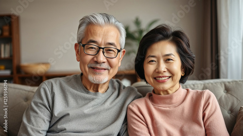 Portrait happy Asian mature senior couple sitting on the sofa look at the camera and smiling. Family mature couple portrait