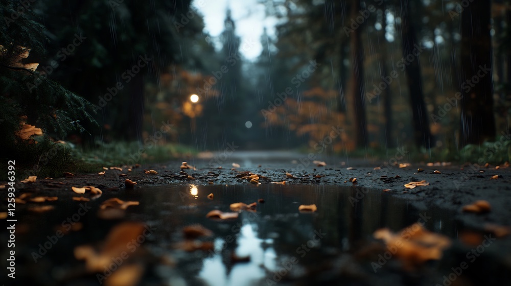 Fototapeta premium Rainy Autumn Path: A Serene Forest Walk