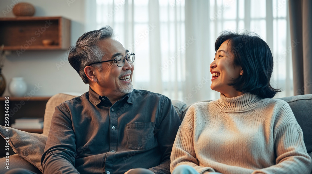 Portrait happy Asian mature senior couple sitting on the sofa look at the camera and smiling. Family mature couple portrait Portrait happy Asian mature senior couple sitting on the sofa look at the camera and smiling. Family mature couple portrait