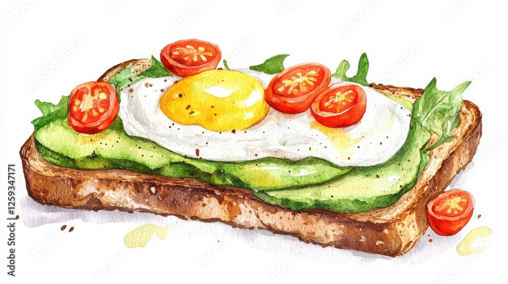 A gourmet avocado toast, whole-grain bread, cherry tomatoes, poached egg, watercolor illustration, soft tones, isolated on white background. A gourmet avocado toast, whole-grain bread, cherry tomatoes, poached egg, watercolor illustration, soft tones, isolated on white background.