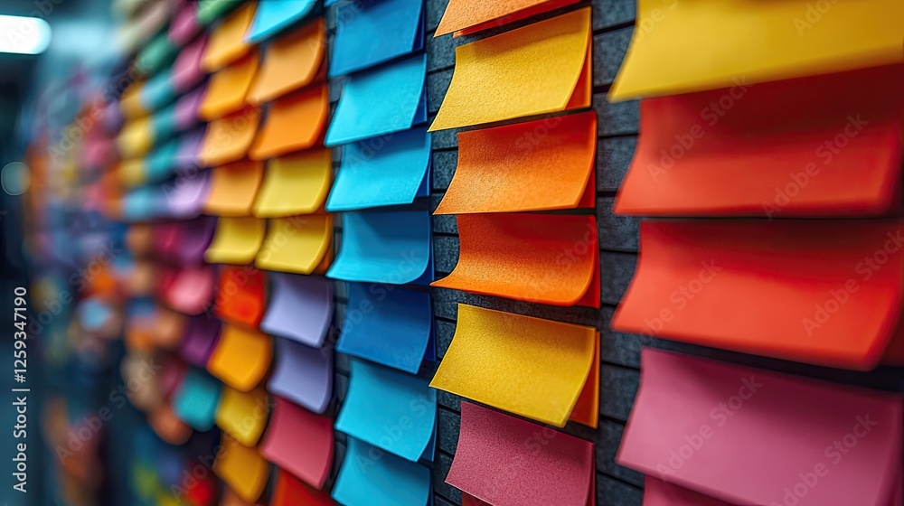 Obraz premium Colorful sticky notes arranged on a wall in an office setting, enhancing creativity and organization