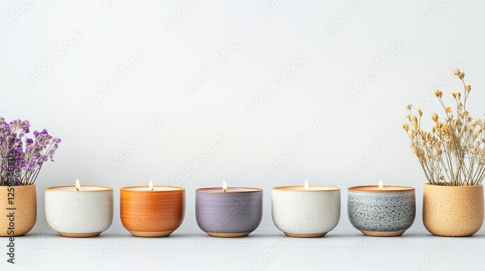 A minimalist product shot of handmade candles in ceramic holders with dried flowers beside them. Copy space. A minimalist product shot of handmade candles in ceramic holders with dried flowers beside them. Copy space.