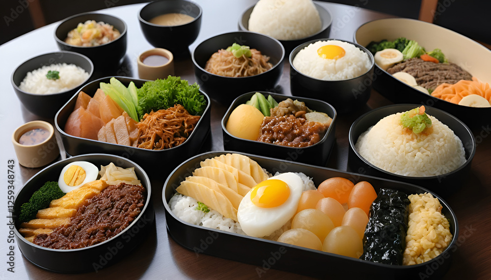 Assorted Traditional Japanese Food Served in Black Bowls with Various Side Dishes in a Restaurant Setting Assorted Traditional Japanese Food Served in Black Bowls with Various Side Dishes in a Restaurant Setting
