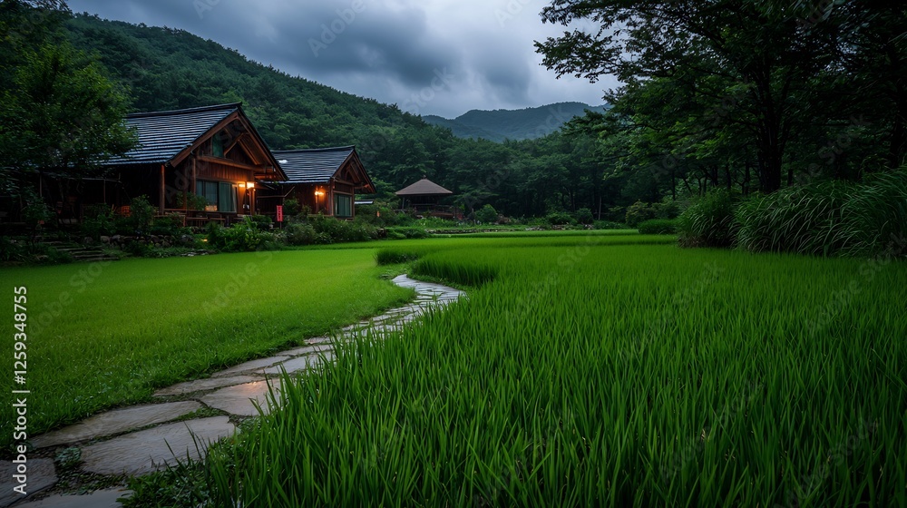 Green Rice Fields and Traditional Japanese Houses Under a Cloudy Rainy Sky Green Rice Fields and Traditional Japanese Houses Under a Cloudy Rainy Sky