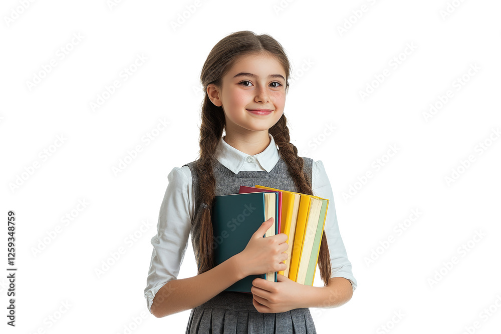 Smiling school girl holding colorful books isolated on white or transparent, PNG Smiling school girl holding colorful books isolated on white or transparent, PNG