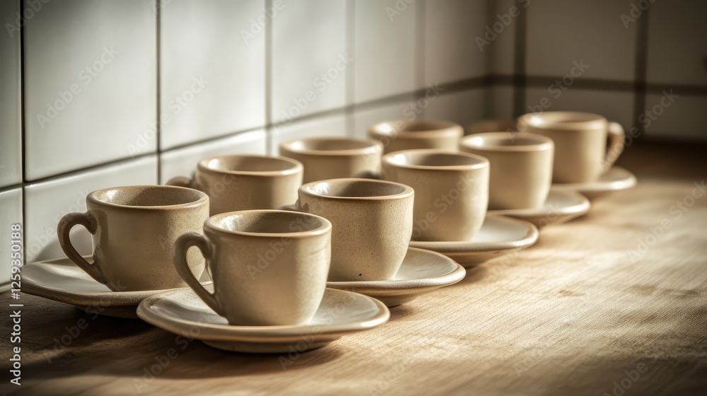 A set of handmade stoneware cups and plates on a wooden kitchen counter. Copy space. A set of handmade stoneware cups and plates on a wooden kitchen counter. Copy space.