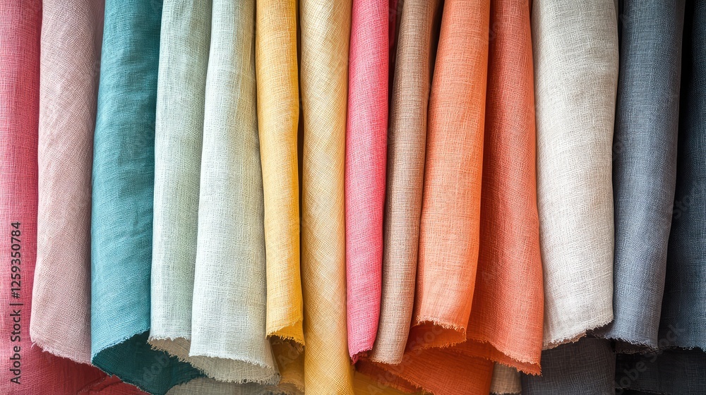 A soft textile market stall featuring neatly folded handwoven fabrics in a variety of colors. Copy space. A soft textile market stall featuring neatly folded handwoven fabrics in a variety of colors. Copy space.