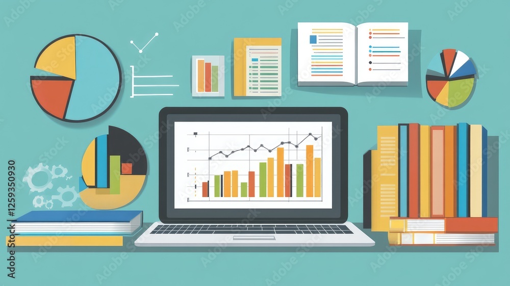 Obraz premium A stylish home office setup with a laptop, charts, and business development books. Copy space.