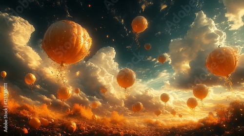 A surreal landscape where pumpkins float like balloons tied to golden vines photo