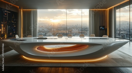 Modern conference room with panoramic city view at sunset, showcasing sleek design and technology