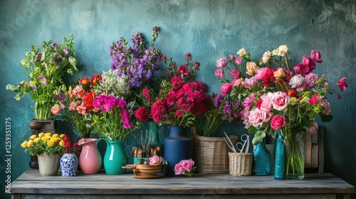 Wallpaper Mural A vibrant home-based florist's workspace with fresh flowers, pruning shears, and decorative vases. Copy space. Torontodigital.ca