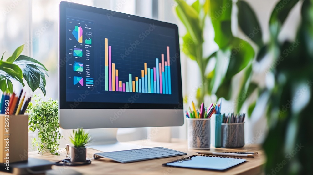 Modern workplace featuring a desktop showing charts and data visualizations Modern workplace featuring a desktop showing charts and data visualizations