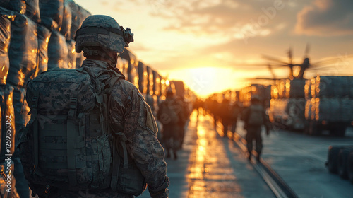 Soldier Walking Towards Sunset on Military Base with Helicopter and Supplies