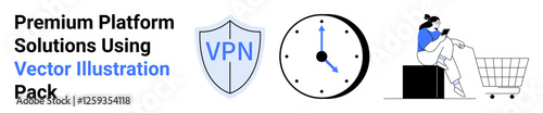 Shield with VPN text, analog clock, person shopping via mobile by cart and boxes. Ideal for cybersecurity, digital protection, e-commerce, remote work, efficiency, productivity flat landing page