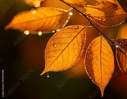 Obraz na płótnie Close-up of autumn leaves covered in dewdrops, illuminated by warm golden light. The delicate water droplets enhance the seasonal beauty. w salonie