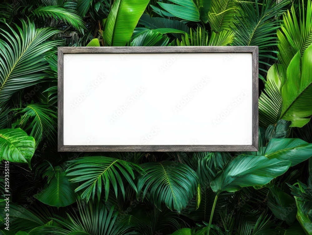 A blank frame surrounded by lush green tropical leaves. A blank frame surrounded by lush green tropical leaves.