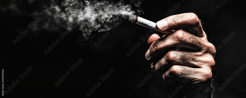 Fototapeta premium A close-up of a hand holding a cigarette, exhaling smoke.