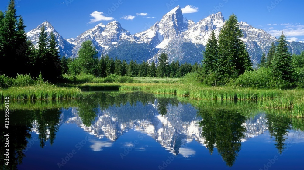 Fototapeta premium Majestic mountain landscape reflecting in a serene lake surrounded by lush greenery and trees