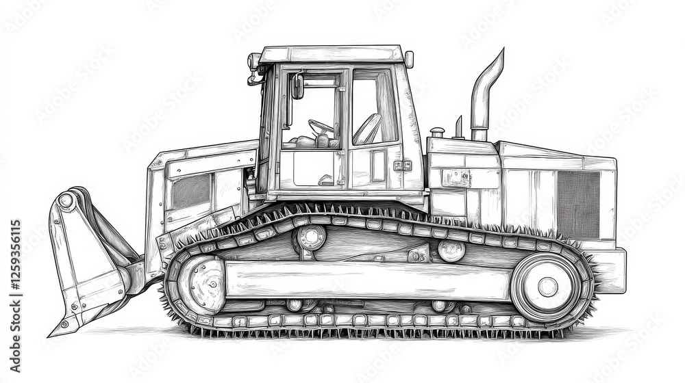 Naklejka premium Detailed Sketch of a Construction Bulldozer on White Background
