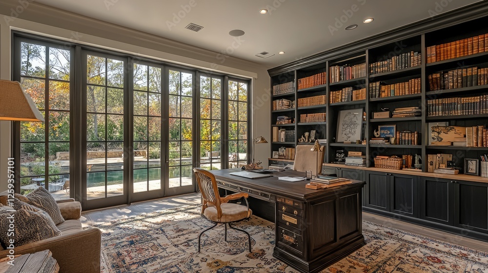 Naklejka premium Elegant home office with large windows showcasing a serene garden view and stylish decor