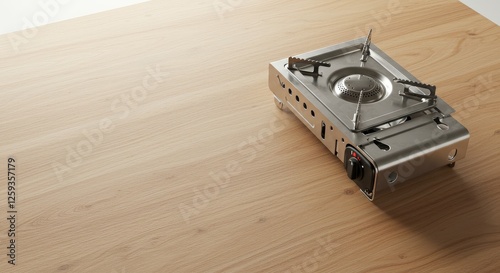 Portable camping stove on a wooden surface for outdoor cooking setup