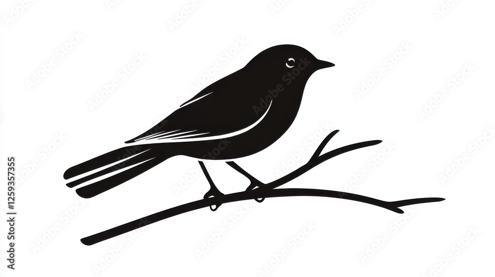 Obraz premium Elegant Silhouette of a Bird Sitting on a Branch Against White Background