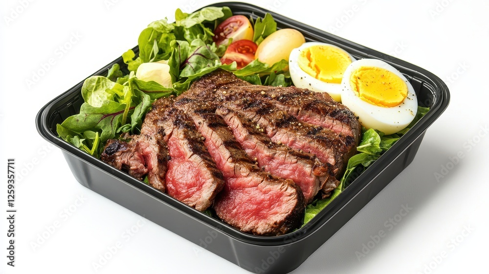A high-protein lunchbox, grilled steak, boiled eggs, mixed greens, fitness nutrition, digital realism, isolated on white background.