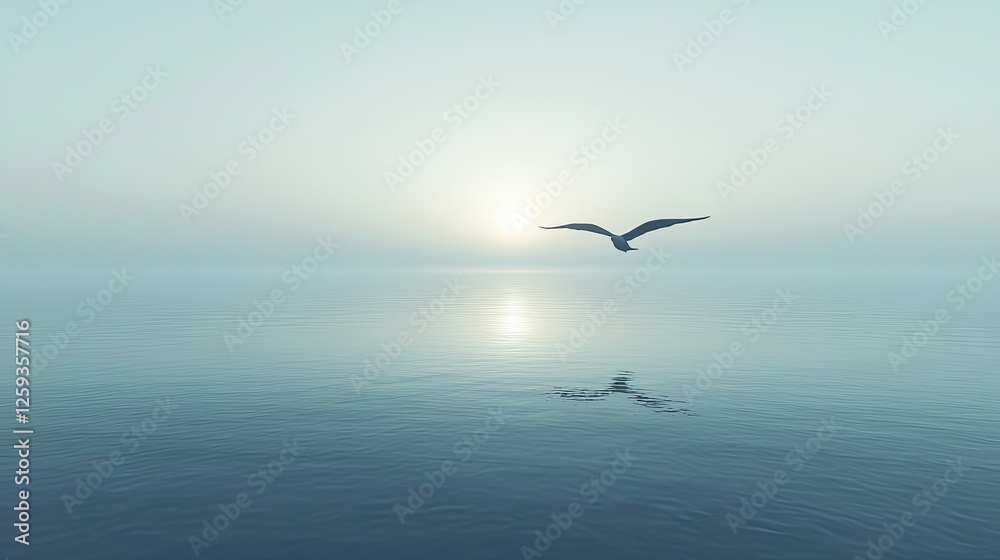 Serene sunset over calm waters with a solitary bird flying, reflecting tranquility and nature's beauty Serene sunset over calm waters with a solitary bird flying, reflecting tranquility and nature's beauty