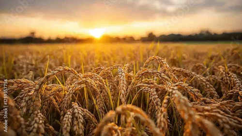 Golden rice field at sunset with warm hues illuminating the landscape and distant trees