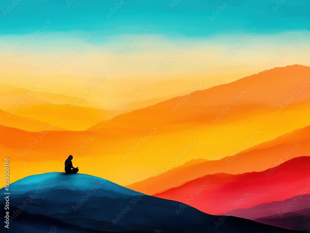 Fototapeta premium A serene figure meditating amidst vibrant mountain landscapes.