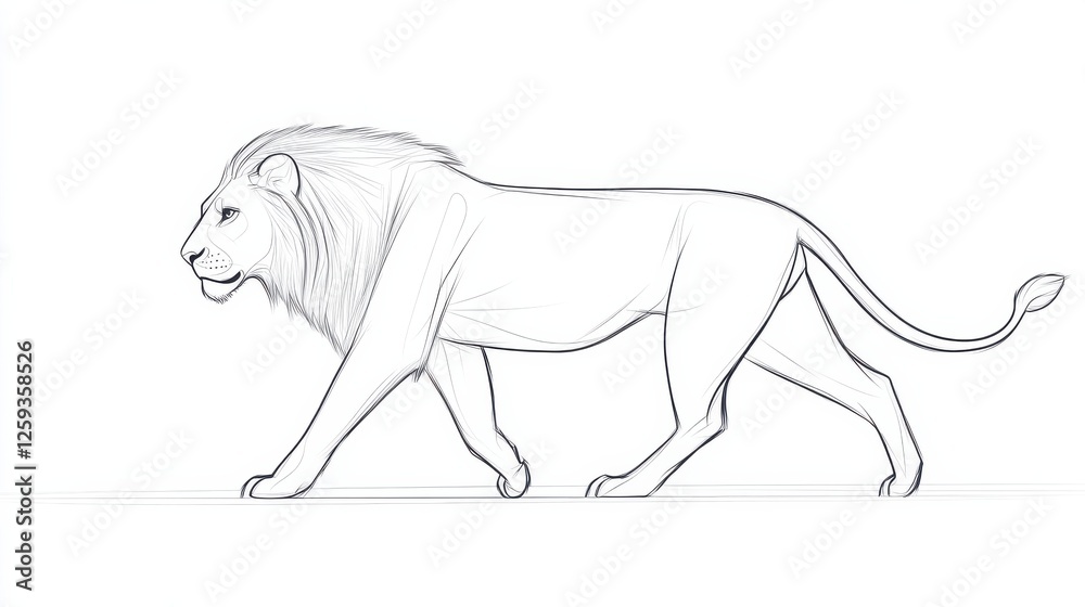 Fototapeta premium Detailed Sketch of a Walking Lion in Minimalist Style