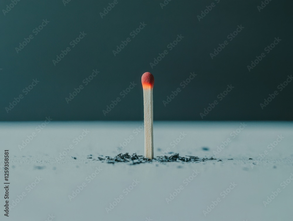 A single matchstick glowing brightly amidst ashes. A single matchstick glowing brightly amidst ashes.