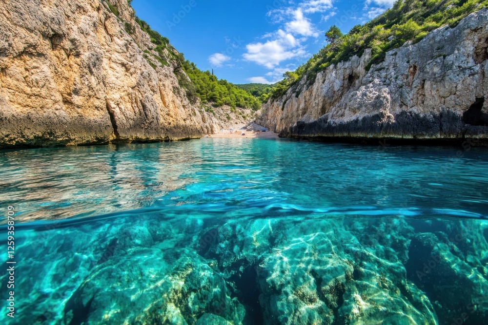 Secluded cove beach, crystal clear water, summer vacation Secluded cove beach, crystal clear water, summer vacation