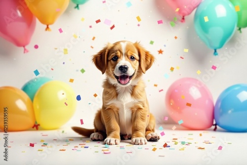 A joyous puppy celebrates amidst colorful balloons and confetti, a delightful scene of festive cheer and canine happiness