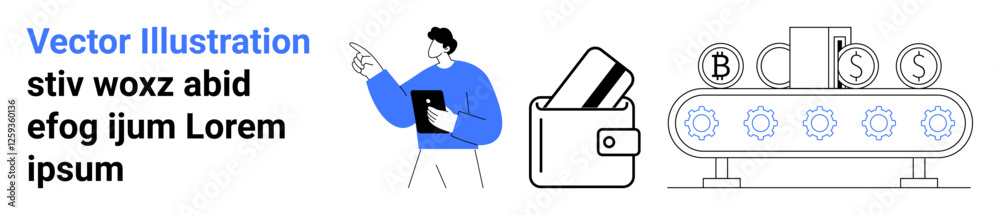 Businessman holding a clipboard, nearby a wallet with cards, and a machine inserting icons for blockchain, dollar, and credit. Ideal for finance, automation, technology, business strategy Businessman holding a clipboard, nearby a wallet with cards, and a machine inserting icons for blockchain, dollar, and credit. Ideal for finance, automation, technology, business strategy