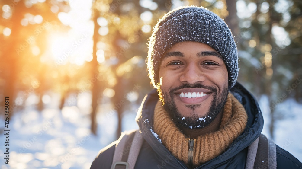 Hiker is enjoying a sunny winter day in the forest