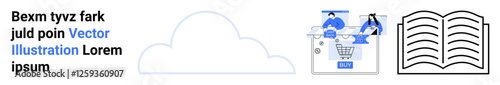 Cloud icon next to an eCommerce platform illustration with users handling a shopping cart, followed by an open book. Ideal for eCommerce, cloud computing, online education, digital marketing, user
